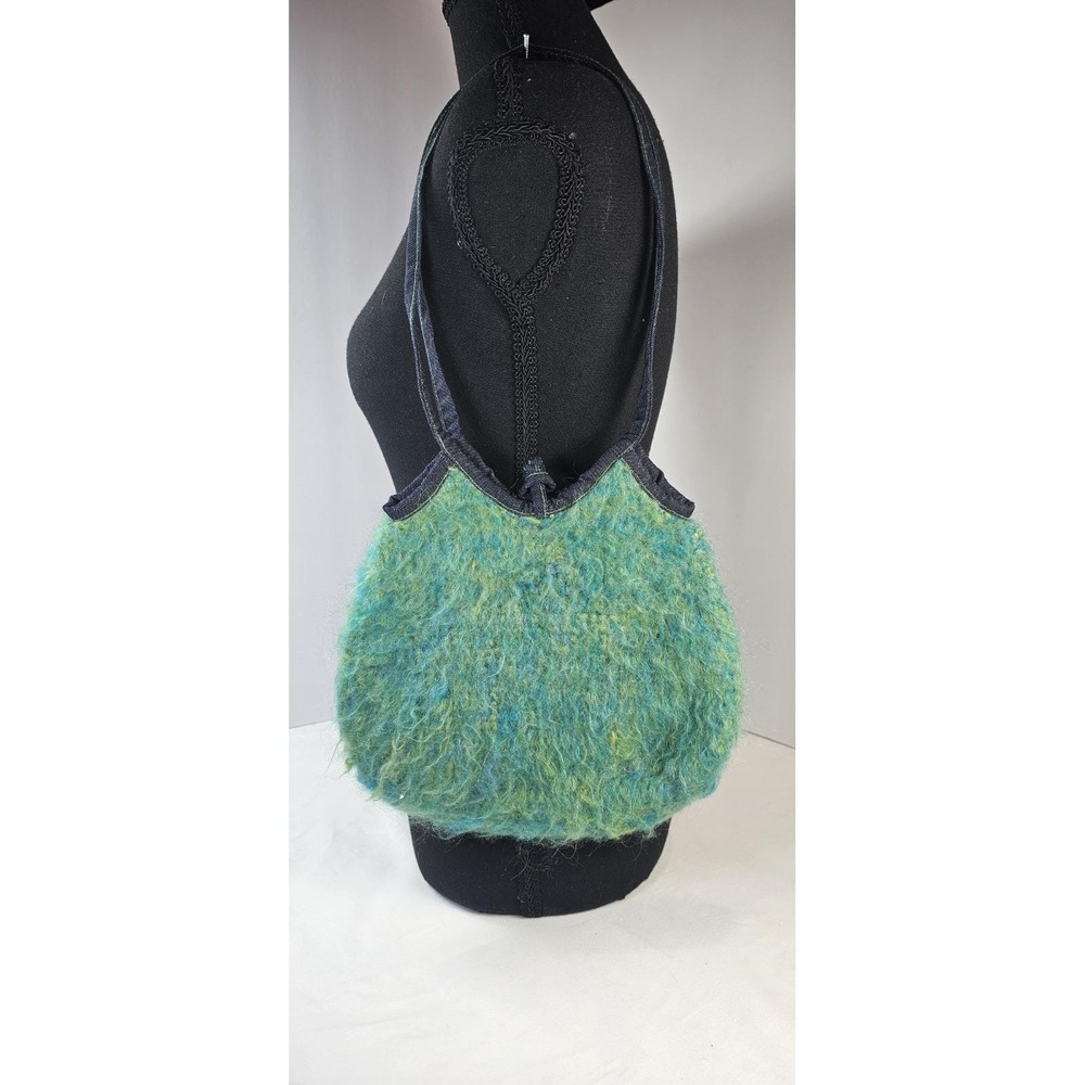 Wooden Ships Fuzzy Wool Blend Shoulder‎ Tote Bag Green Teal Denim Straps